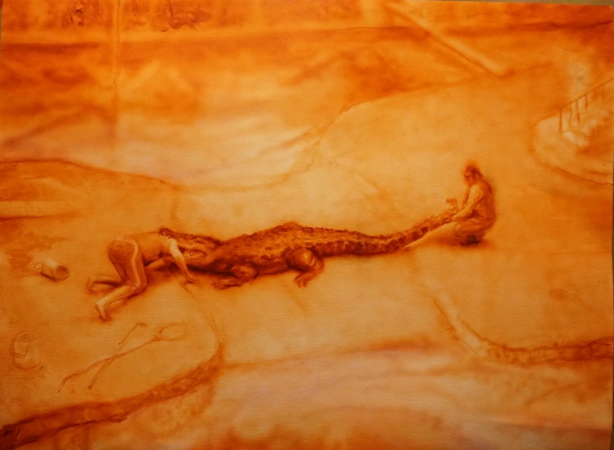 man-with-his-head-stuck-in-a-crocodile-on-paper